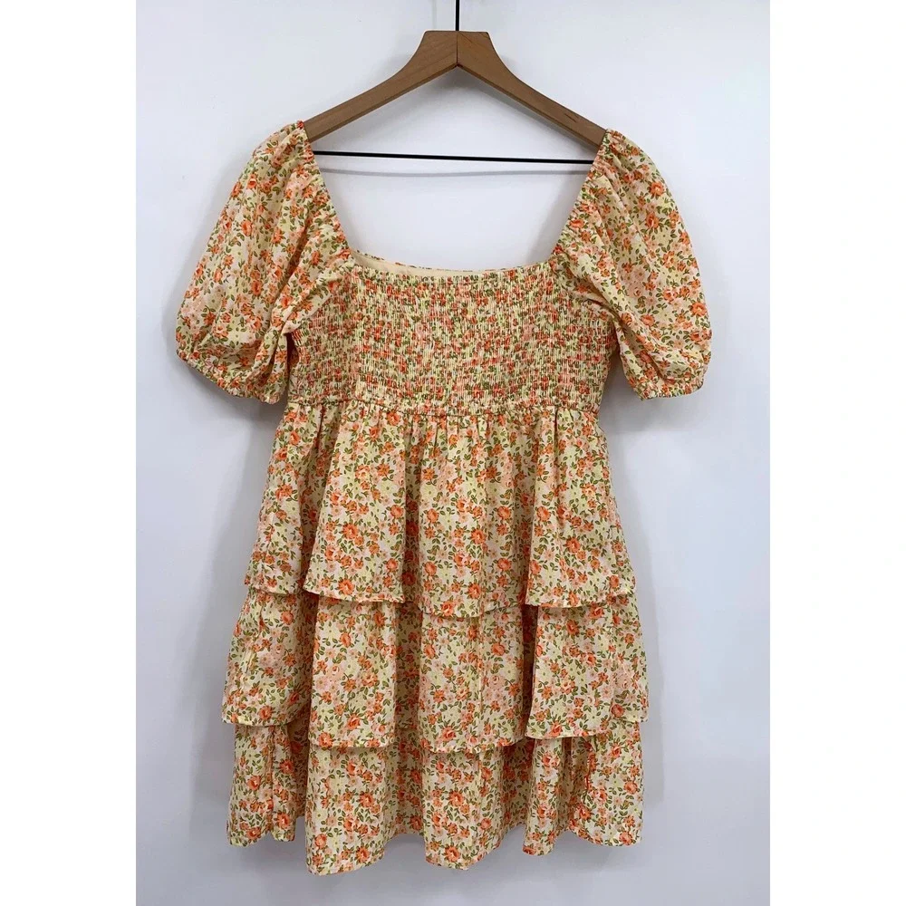 Altar'd State Dress Womens Medium Orange Floral Tiered Smocked Puff Sleeve